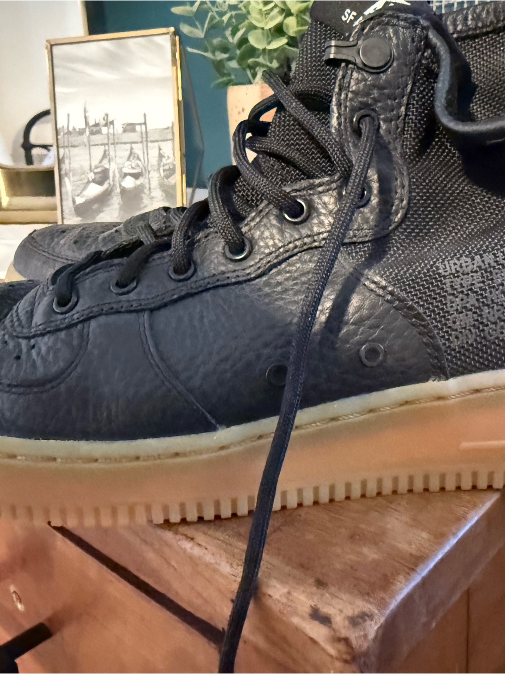 Nike Black High-Top Leather Sneakers with Gum Sole. Nike Air Force-1 Highs